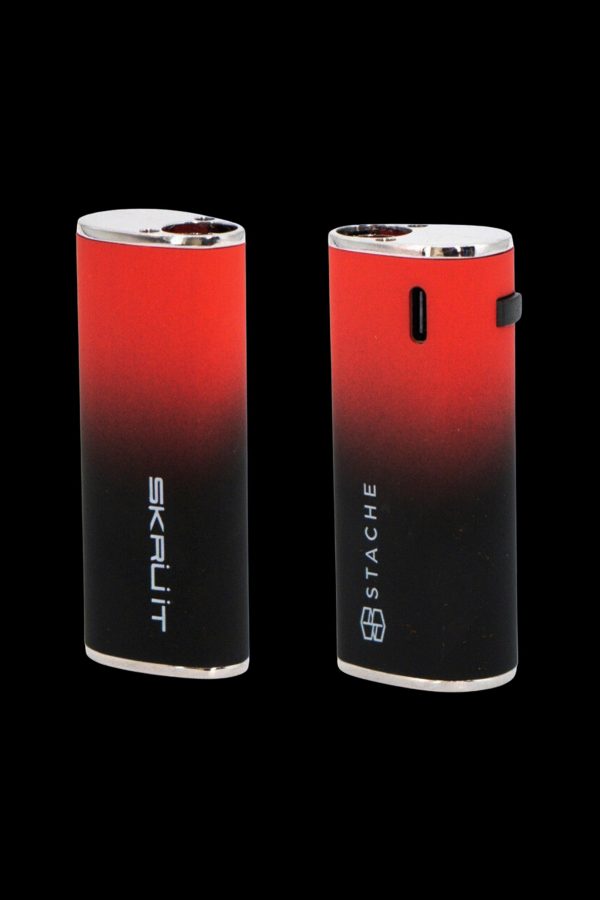 Two portable cannabis vaporizers, one labeled “Skruit” and the other “Stache,” with red-to-black ombre finishes, displayed against a black background.