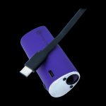 Purple and white cannabis vaporizer with a USB-C charging cable.