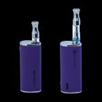 Two purple cannabis vape pens with visible oil cartridges, branded "Skruit" and "Stache."