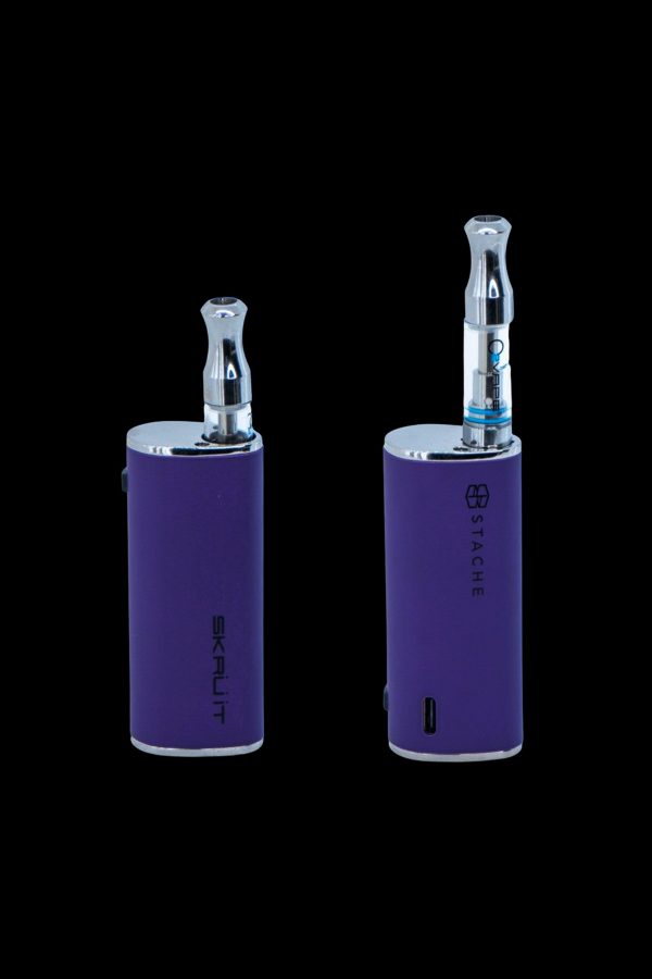 Two purple cannabis vape pens with visible oil cartridges, branded "Skruit" and "Stache."