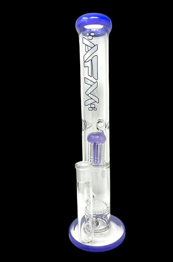 Blue and clear glass water pipe (bong) with intricate designs.