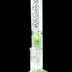 Green glass water pipe (bong) with multiple percolators, isolated on a black background.