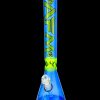 Blue glass bong with green decorative patterns.