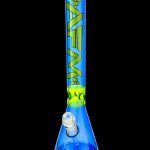 Blue glass bong with green decorative patterns.