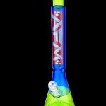 Blue and green glass bong with intricate detailing.