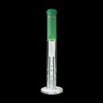 Green glass bong with ice catch and percolator.