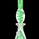 Green glass water pipe (bong) with swirling white accents and cannabis leaf design.