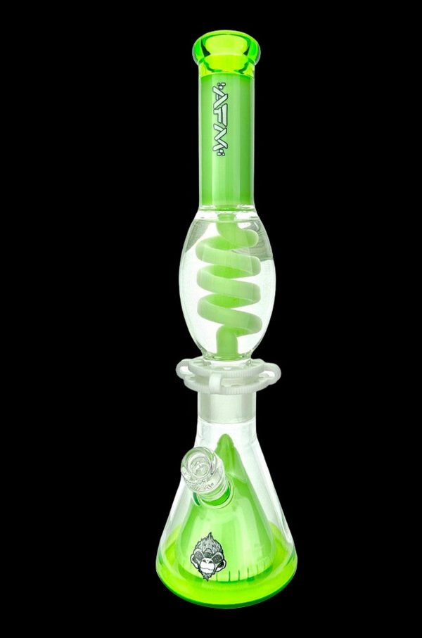 Green glass water pipe (bong) with percolators, featuring a gorilla-themed logo.