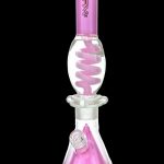 Pink glass water pipe (bong) with intricate bubbler design.