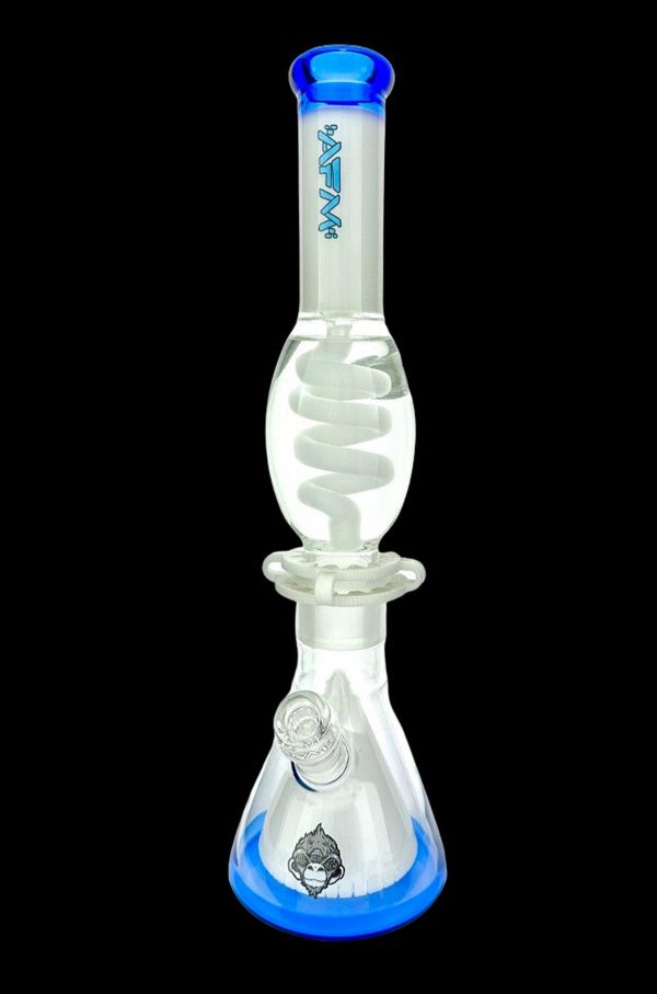 Blue and clear glass bong with swirling patterns and a decorative base.