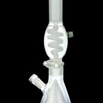 Blue-rimmed glass bong with percolators, isolated on a black background.