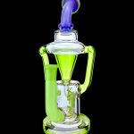 Green glass water pipe (rig) with blue accents and intricate bubbler design.