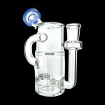 Clear glass water pipe with blue accents and intricate bubbling design.