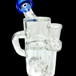 Clear glass bubbler water pipe with blue accents.