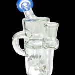 Clear glass rig with blue accent and intricate design.