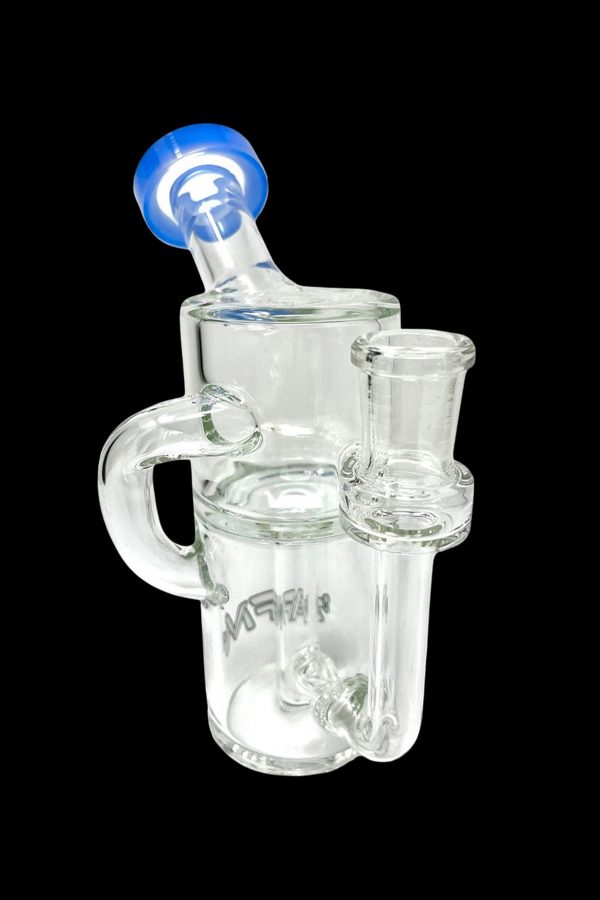 Clear glass rig with blue accent and intricate design.