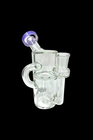 Clear glass rig with a bubbler and mouthpiece, isolated on a black background.