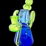 Blue and green glass water pipe (rig) with intricate curves and bubble details.