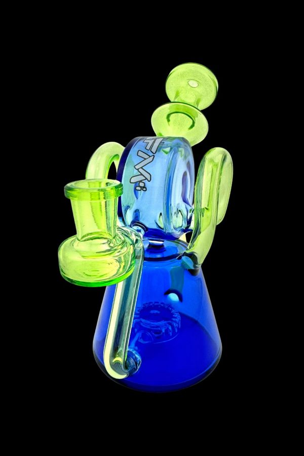 Blue and green glass water pipe (rig) with intricate curves and bubble details.