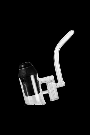 Black and clear glass cannabis rig with a curved mouthpiece.