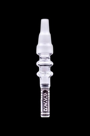 Clear glass oil rig dab nail with “DWAV” branding against a black background.