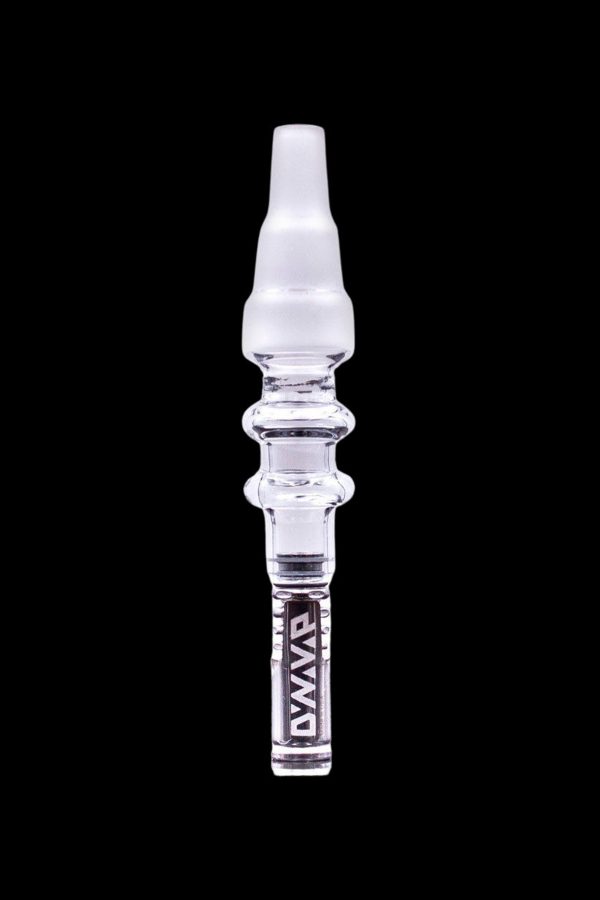 Clear glass oil rig dab nail with “DWAV” branding against a black background.