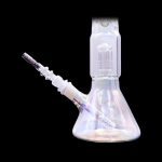 Iridescent glass bong with a detachable downstem, isolated on a black background.