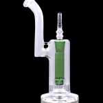 Clear glass bubbler with green accents, used for smoking cannabis.
