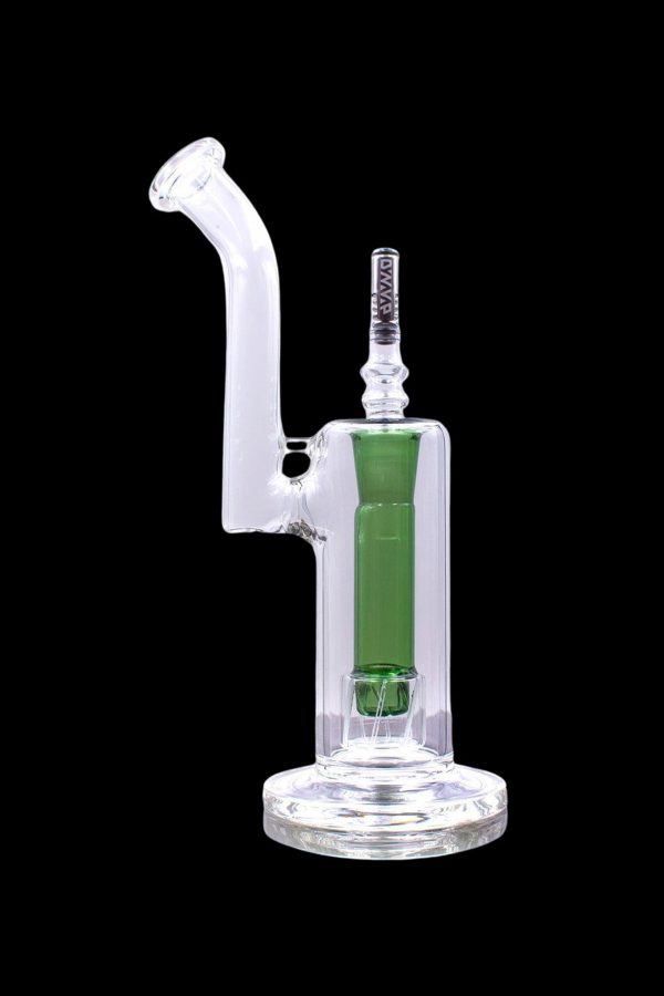 Clear glass bubbler with green accents, used for smoking cannabis.