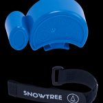 Blue silicone cannabis concentrate container with adjustable black strap.