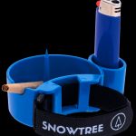 Blue cannabis smoking kit with a rolling paper and lighter, branded “SNOWTREE.”"