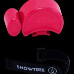 Bright red silicone cannabis concentrate container with a black silicone strap and Snowtree branding.