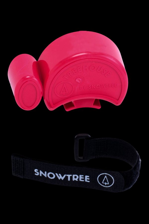 Bright red silicone cannabis concentrate container with a black silicone strap and Snowtree branding.