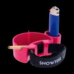 Pink cannabis smoking kit with a joint, lighter, and branding.