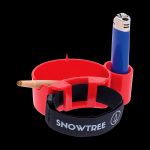 Red cannabis smoking kit with a joint and lighter, branded “Snowtree”.