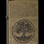 Bronze Zippo-style lighter engraved with a black Tree of Life design.