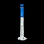 Blue and clear glass water pipe (bong) on a black background.