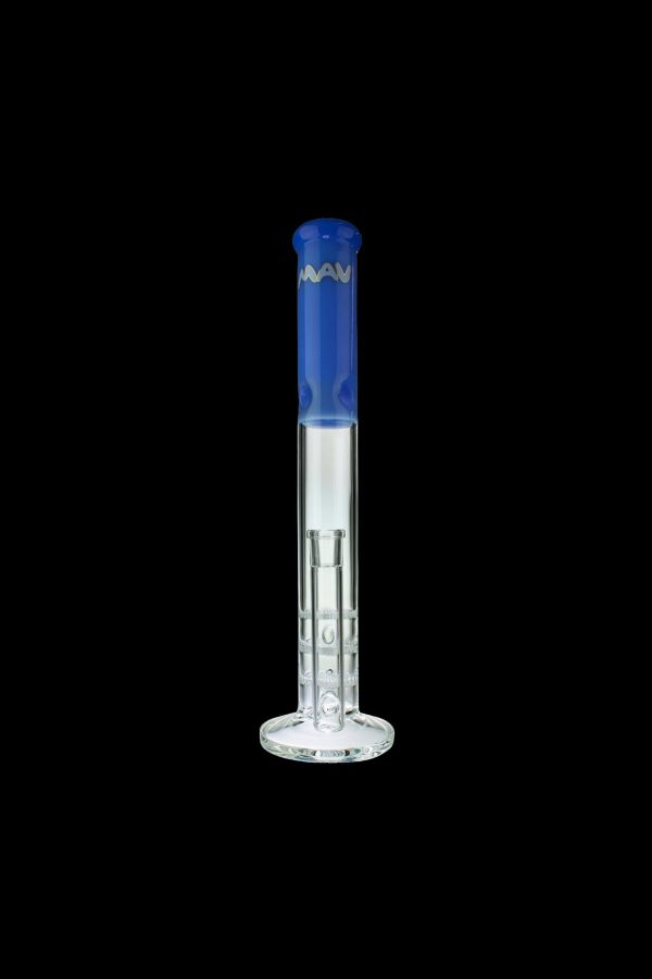 Blue and clear glass bong with intricate percolator design.