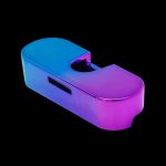 Iridescent glass pipe with a curved design, isolated on black."