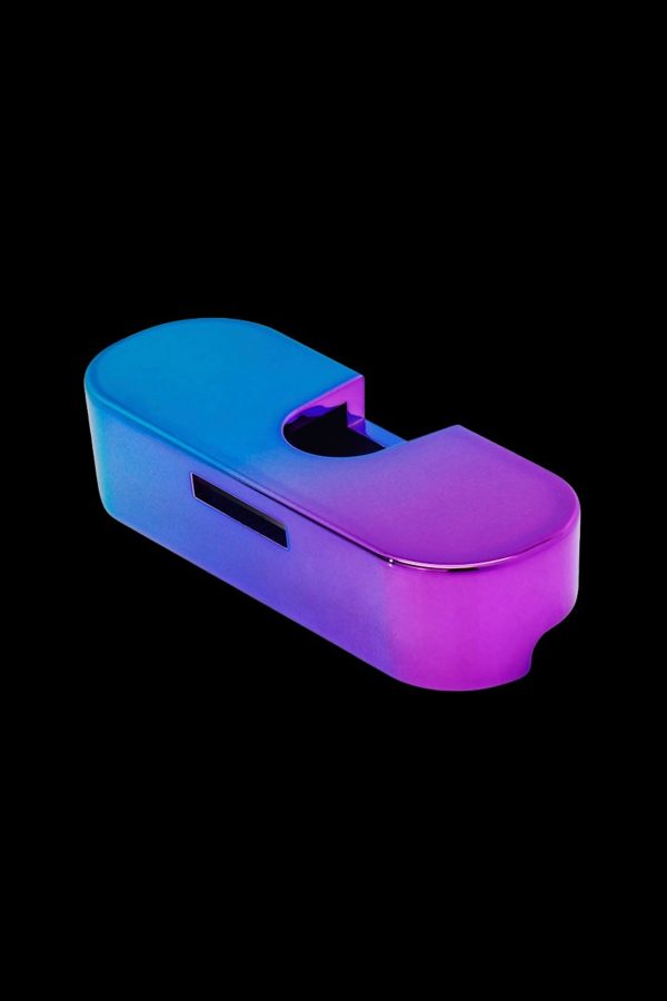 Iridescent glass pipe with a curved design, isolated on black."