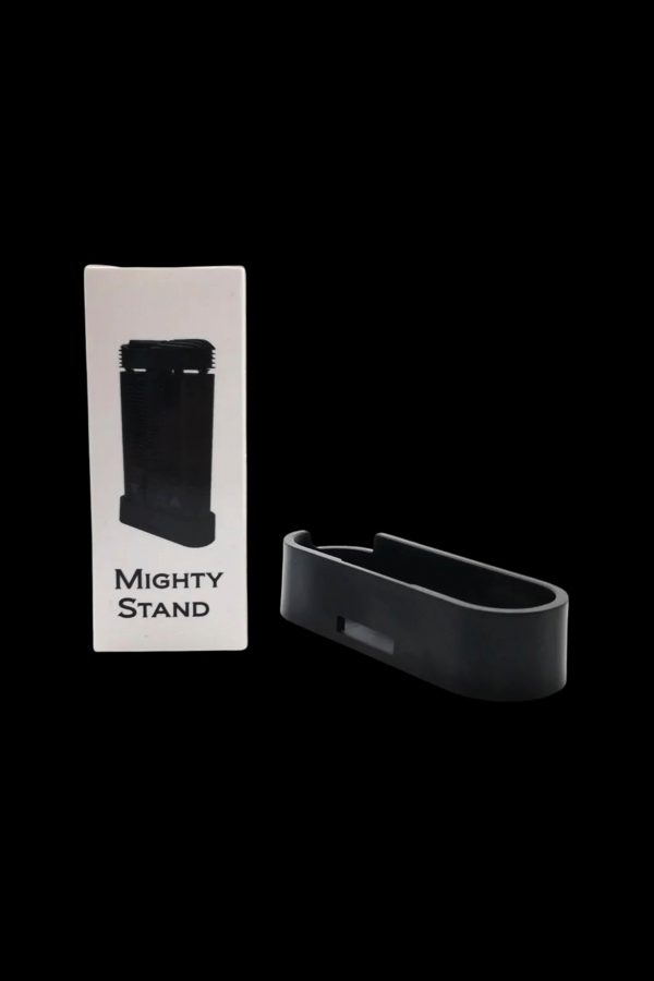 Black Mighty vaporizer stand in packaging and disassembled.