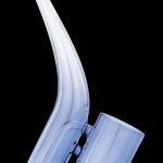 Blue glass cannabis bubbler with a curved neck and wide base.