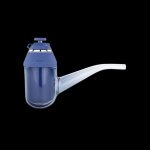 Blue glass water pipe for cannabis use.