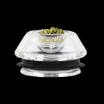 Clear glass bubbler filled with cannabis flower.