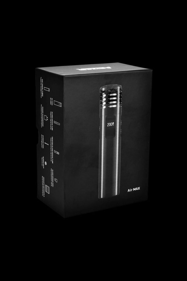 Black cannabis vaporizer pen in packaging with icons and text.