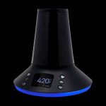 Black cannabis vaporizer with a digital temperature display reading “420°F” and blue accent lighting.