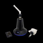 Arizer Extreme Q cannabis vaporizer with remote control and accessories on a black background.