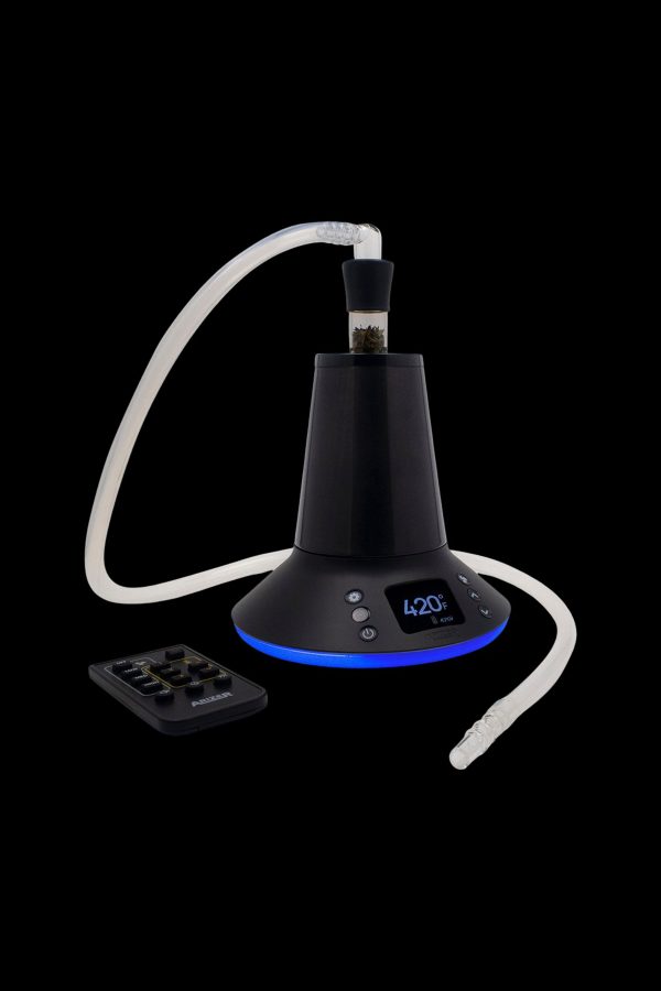 High-tech cannabis vaporizer with digital display and glass tubing.
