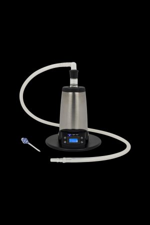 Digital vaporizer with coiled tubing on a black base.