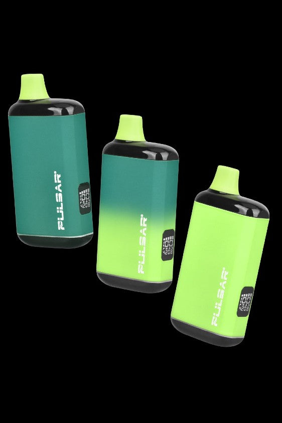 Three Pulsar vaporizer cartridges in varying shades of green and teal against a black background.